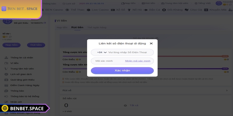Nạp Rút Tiền BENBET 2 Liên kết số điện thoại là yêu cầu bắt buộc để nạp rút tiền BENBET